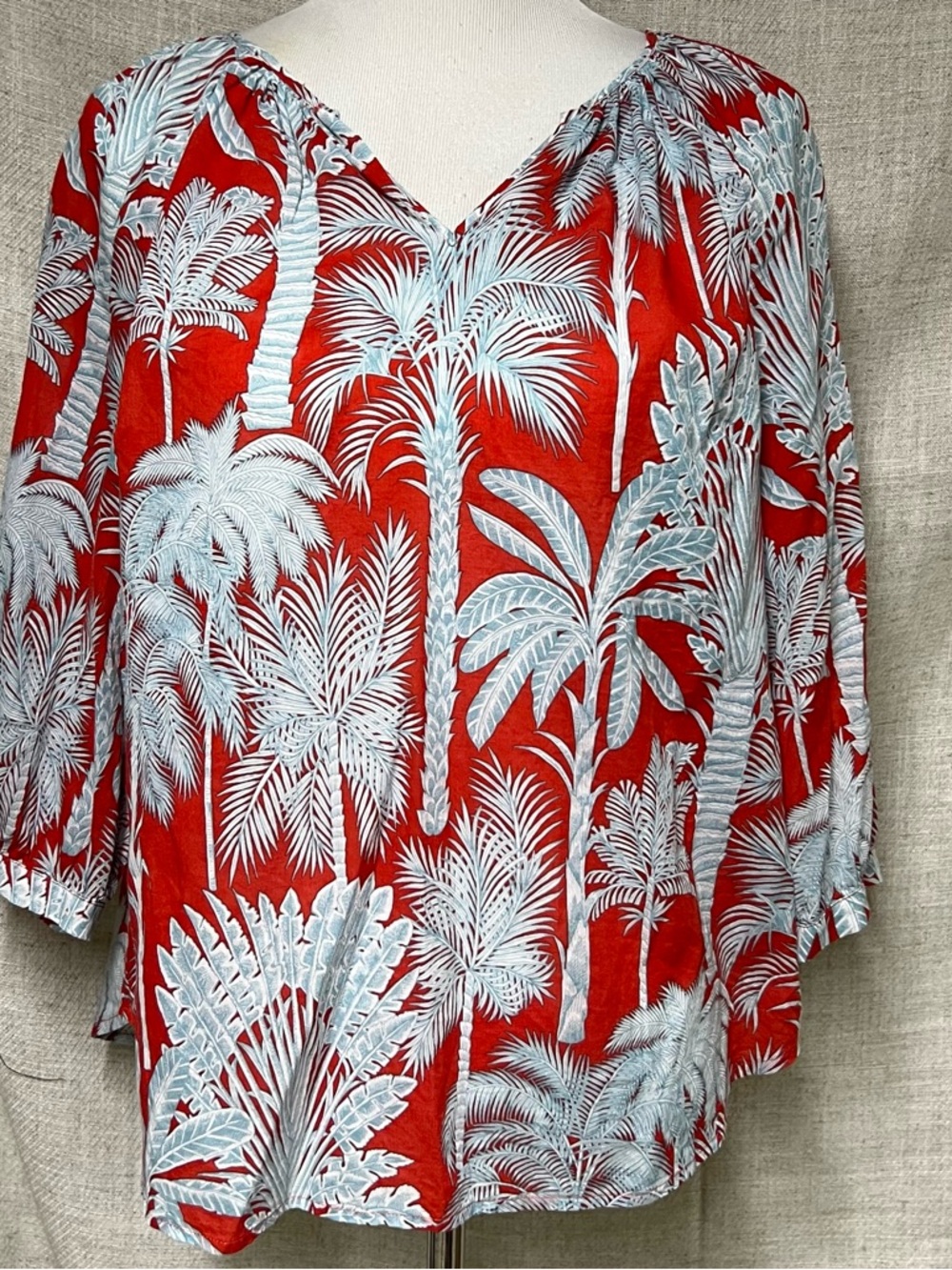 Red Palm Print V-Neck Blouse
